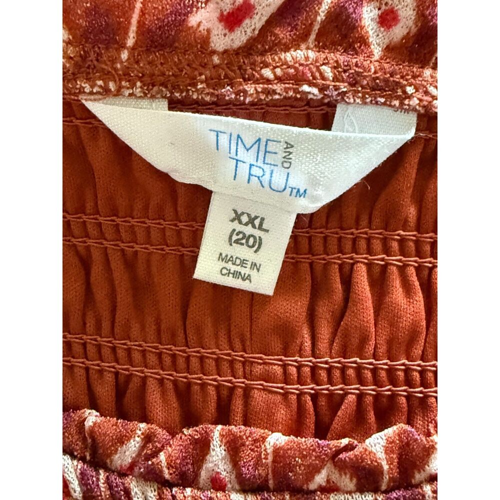 Time & Tru Smocked Mesh Top XXL 20W Red Rusty Bronze Ikat Print 3/4 Sleeve - Picture 4 of 6
